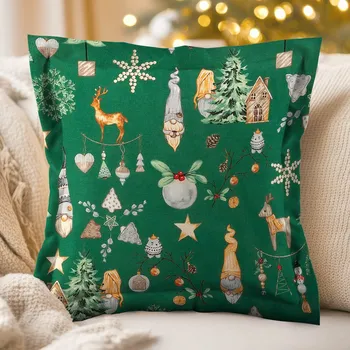 Povlak na dekorativní polštářek Vánoční bavlněný povlak na polštář s lemem Sandra SA-508 Vánoční skřítci a ozdoby na zeleném 30 x 50 cm