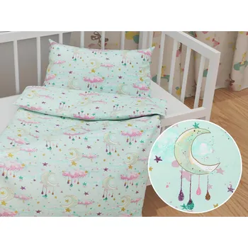 Povlečení Dětské bavlněné povlečení do postýlky Sandra SA-522 Měsíční obloha na mintovém Do postýlky 90x140 a 50x70 cm