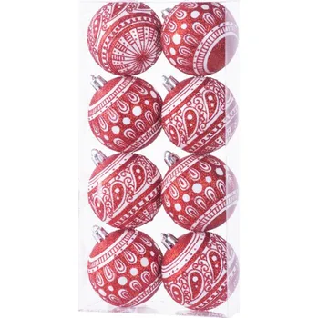 Vánoční ozdoba KOULE MAGICHOME VÁNOCE, 8 ks, červené s bílým ornamentem, 6 cm