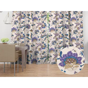 ubrus Bavlněný závěs Sandra SA-539 Modro-fialové orientální květy na světle béžovém 150x170 cm