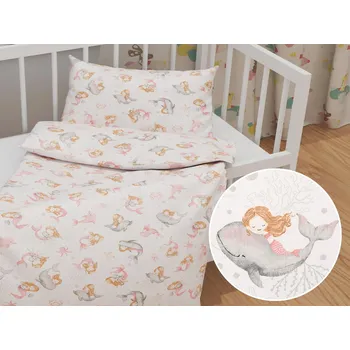 Povlečení Dětské bavlněné povlečení do postýlky Sandra SA-527 Růžové mořské panny s delfíny a velrybami na bílém Do postýlky 90x140 a 50x70 cm
