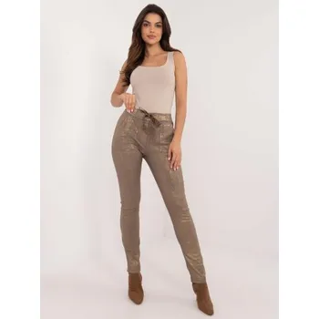 Dámské kalhoty Tmavě béžové lesklé kalhoty s vázáním