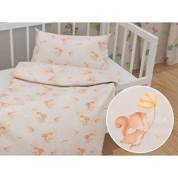 Povlečení Dětské bavlněné povlečení do postýlky Sandra SA-525 Veverky s květinami na šedobéžovém Do postýlky 100x135 a 40x60 cm