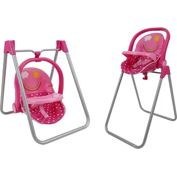 Doplněk pro panenku Five O Nine Crew Sada 3v1 jídelní žídlička/houpátko/autosedačka, růžová/puntík
