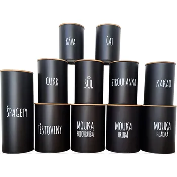 Dóza na potraviny Orion Sada 11ks plechových dóz na potraviny, černé s nápisem, s bambusovým víkem SADA