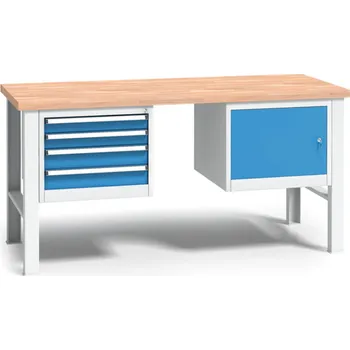 Dílna B2B Partner Výškově nastavitelný pracovní stůl do dílny WL se závěsným boxem a skříňkou na nářadí, buková spárovka, 4 zásuvky, 2000 x 685 x 840 - 1050 mm