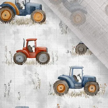 Takoy Plenkový bambusový mušelín traktor na louce bílá metráž