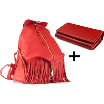 VOOC Dárková sada: Prémiový batoh z pravé kůže Boho a dámská peněženka; červená
