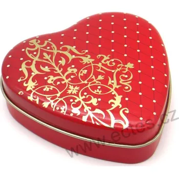 Dóza na potraviny HARMONY červená plechová dóza srdce 2481 zlatý ornament, hudební noty a malé puntíky