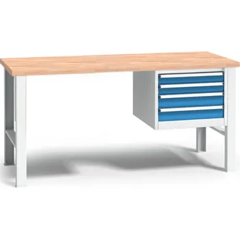 Dílenský stůl B2B Partner Výškově nastavitelný pracovní stůl do dílny WL se závěsným boxem na nářadí, buková spárovka, 4 zásuvky, 1700 x 685 x 840 - 1050 mm