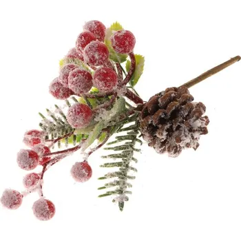 Vánoční dekorace Větvička 200mm vánoční s bobulemi a šiškou ,červená