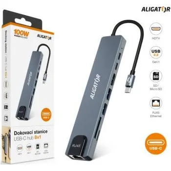 Notebook Aligator Dokovací stanice USB-C / Hub 8v1 (USB-C / 2xUSB / SD / MicroSD/ HDTV / RJ45) (AHUB001)