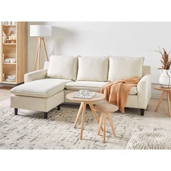 Pohovka Rohová pohovka světle béžová látka čalouněná tmavé dřevěné nohy pravostranná s polštáři Beliani