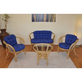 Zahradní sestava Ratanová sedací souprava Bahama medová velká polstry tmavě modrý melír