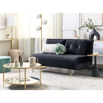 Pohovka Rozkládací pohovka černá sametová 2-místná vhodná na spaní s polštáři zlaté nohy glamour styl Beliani