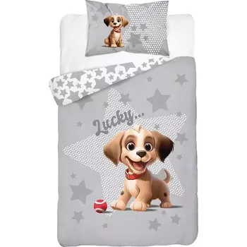 Povlečení Bambusové povlečení do postýlky Veselý pejsek šedý 100x135+40x60