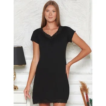 Dámská noční košile Černá luxusní jemná dámská noční košilka s krátkými rukávy lemovaná krajkou 1D1423 černá l