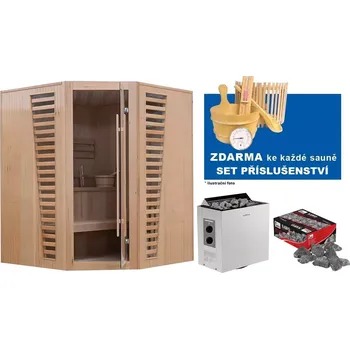 Sauna Výhodný Saunový Balíček: Rohová finská sauna Hanscraft LUONTO 3/4 + Kamna Sentiotec VIKING 360 + Saunové kameny + Dárek ZDARMA (190504)