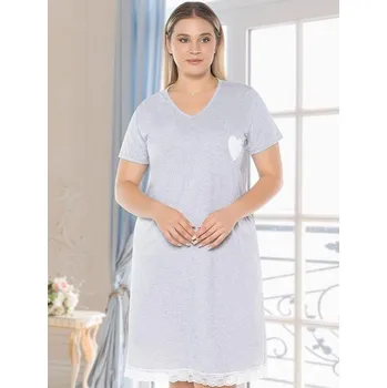 Dámské noční prádlo Šedí i bílá noční košilka s krátkými rukávy a s krajkou pro plnoštíhlé ženy či dívky srdce 1C3867 šedá 4xl