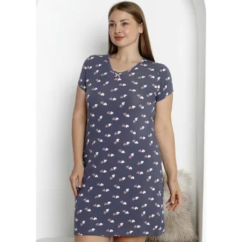 Dámská noční košile Šedá luxusní jemná noční košilka s krátkými rukávy pro plnoštíhlou ženu vzor růžové a bílé srdce 1D1428 šedá 3xl