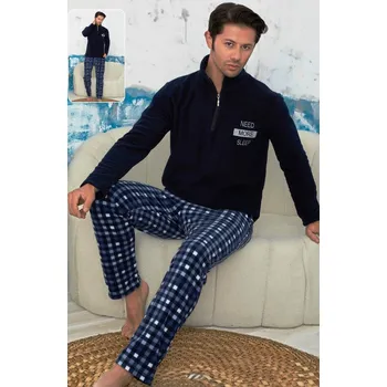 Pánské pyžamo Modré a kostkované hřejivé pánské pyžamo se zipem u krku - Potřebuji více spánku 1Z1693 modrá s