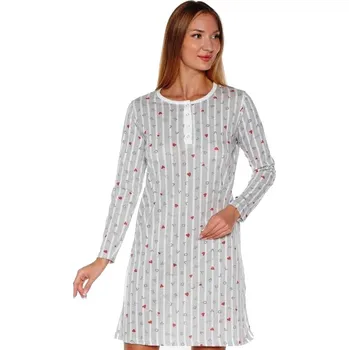 Dámská noční košile Šedá i béžová pruhovaná noční košilka pro ženy se srdíčky s propínáním u krku 1C3866 šedá l