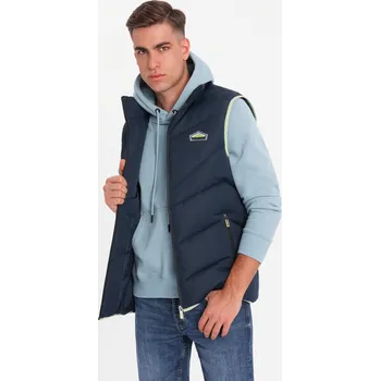 Pánská prošívaná bunda bez rukávů s neonovými akcenty - tmavě modrá V3 OM-JAVJ-0210 - L/XL