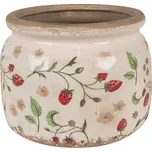 Béžový keramický nízký obal na květináč s jahodami Louis – 20x15 cm