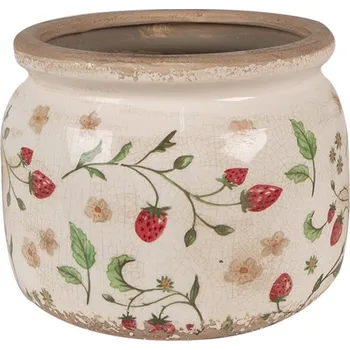 Obal na květináč Béžový keramický nízký obal na květináč s jahodami Louis – 20x15 cm
