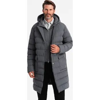 Pánská casual bunda Ombre Men's long quilted jacket with lapels and lining - graphite Ombre šedá 2980337