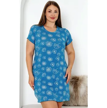 Dámská noční košile Azurová a bílé květovaná luxusní jemná noční košilka s krátkými rukávy pro plnoštíhlé ženy 1D1429 modrá 1xl