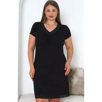 Dámská noční košile Černá luxusní jemná noční košilka s krátkými rukávy lemovaná krajkou pro plnoštíhlou ženu 1D1438 černá 3xl