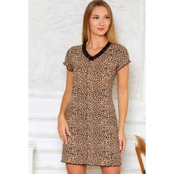 Dámská noční košile Luxusní jemná noční košilka s krátkými rukávy pro ženy vzor jaguár 1D1433 hnědá l