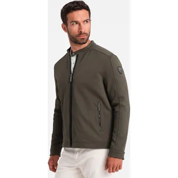 Pánská casual bunda Ombre Men's BIKER jacket in structured fabric - dark olive green Ombre hnědá 2559066