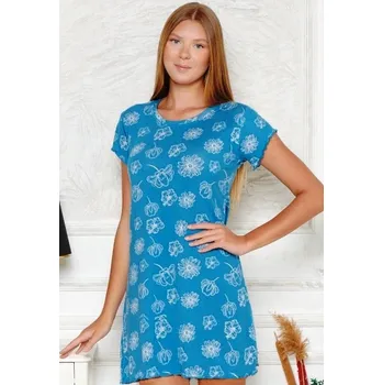 Dámská noční košile Azurová a bílé květovaná luxusní jemná noční košilka s krátkými rukávy pro ženy 1D1425 modrá m
