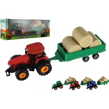 autíčko Teddies Traktor s vlekem s balíkama plast 30cm na setrvačník 3 barvy v krabici 33x12x9cm