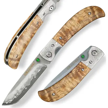 lovecký nůž Dellinger Scorpion Damaškový nůž Zavírací Scorpion Maple Burl-Wood Flipper