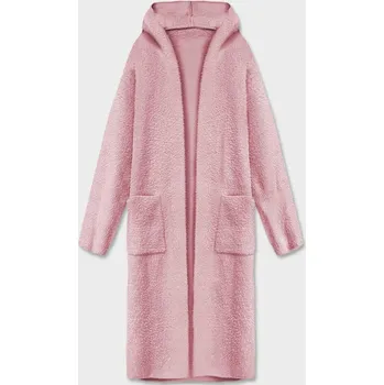 Dlouhý vlněný přehoz přes oblečení typu alpaka v bledě růžové barvě s kapucí (M105-1) odstíny růžové uni velikost