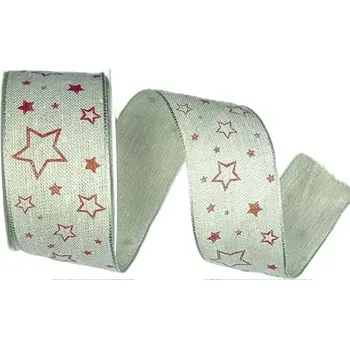 Stuha Stuha vánoční MAGIC ELEGANCE pastelově šedá 40mm x 3m (5,- Kč/m) (Vánoční stuha bavlněná, pastelově šedá, hvězdy červené, jednostranný potisk, s drátkem v lemu)