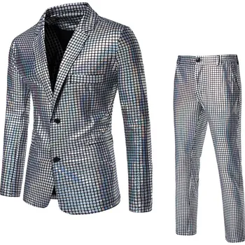 Pánský flitrový oblek sako a kalhoty Barva: Stříbrná, Velikost: 2XL