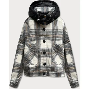 Ecru/šedá krátká károvaná košilová bunda (AG3-1839) odstíny béžové XL (42)