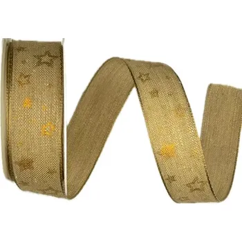 Stuha Stuha vánoční bavlněná COPPER STAR natur 25mm x 2m (7,-Kč/m) (Vánoční stuha bavlněná, barva přírodní, jednostranný potisk hvězdy měděné, s vetkaným tenkým drátkem v lemu drátkem)