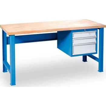 Dílenský stůl Dílenský pracovní stůl GD se závěsným boxem na nářadí, buková spárovka, 3 zásuvky, 1500 x 800 x 850 mm, modrá