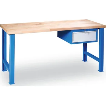 Dílenský stůl Dílenský pracovní stůl GD se závěsným boxem na nářadí, buková spárovka, 1 zásuvka, 1200 x 685 x 850 mm, modrá