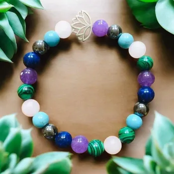 Drahý kámen Náramek Růženín, hematit, ametyst, tyrkys, malachit, lapis lazuli s lotosem