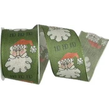 Stuha Vánoční stuha bavlněná Ho Ho Ho zelená 40mm x 2m (6,-Kč/m) (Vánoční stuha bavlněná, potisk Santa, zelená, s drátkem v lemu)