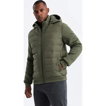 Pánská casual bunda Ombre Men's quilted bomber jacket with high collar - dark olive green Ombre kaki 2940491
