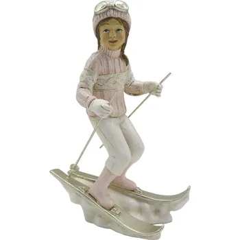 Dekorace socha dívka v růžovém svetru na lyžích - 12*8*19 cm