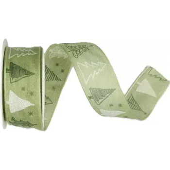 Stuha Stuha vánoční STROMKY pastelově zelená 25mm x 2m (11,-Kč/m) (Vánoční stuha bavlněná, oboustranná, s drátkem)