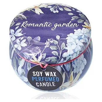 Svíčka Svíce v plechovce - romantická zahrada, fialová